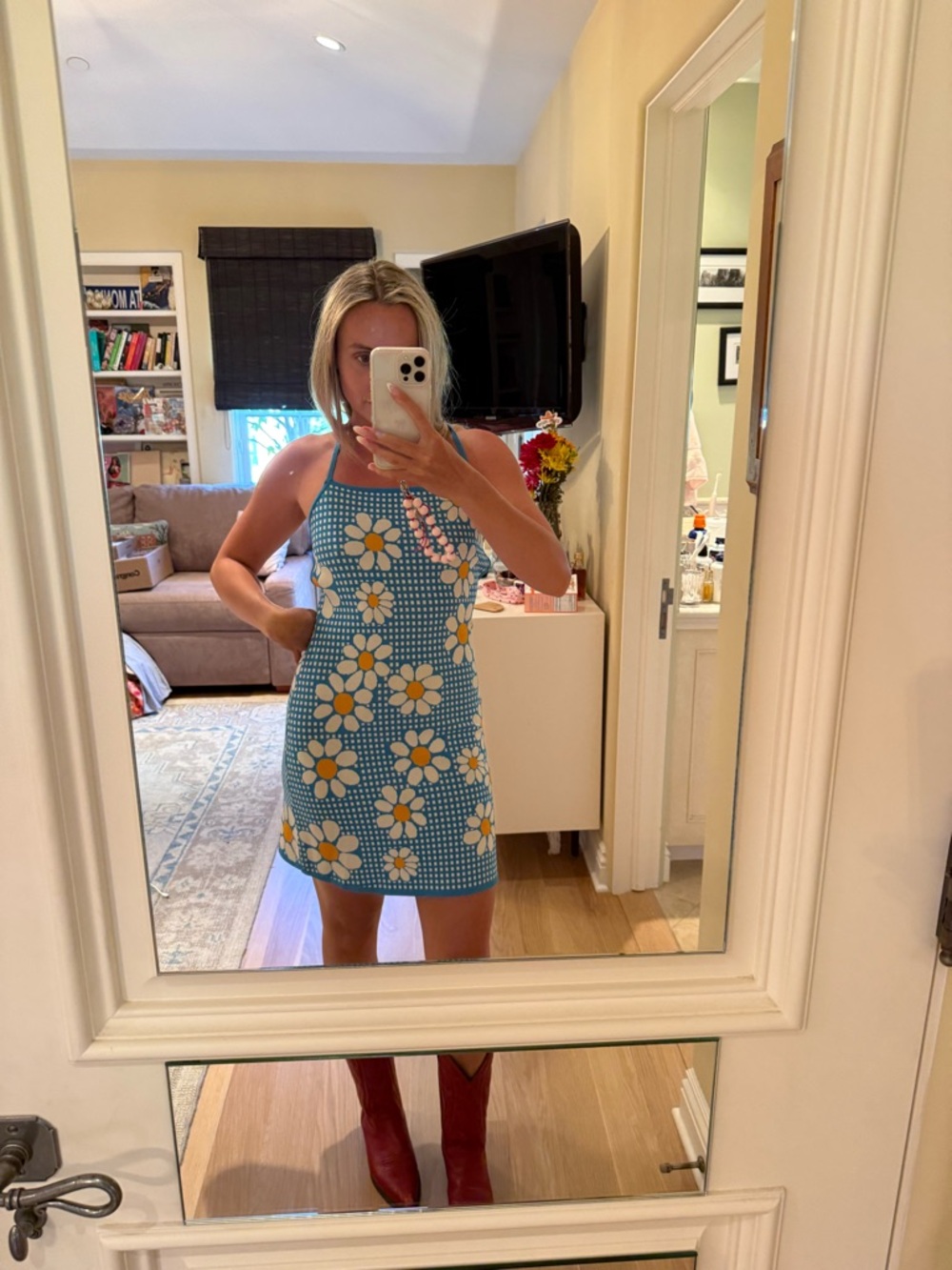 Blue Daisy Knit Halter Mini Dress